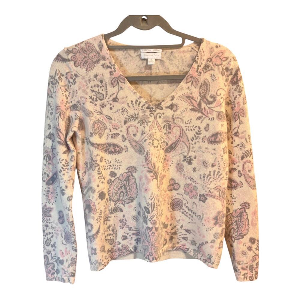 Charter Club 2 Ply Cashmere Pink/Gray Paisley Women's V Neck Sweater Sz Medium